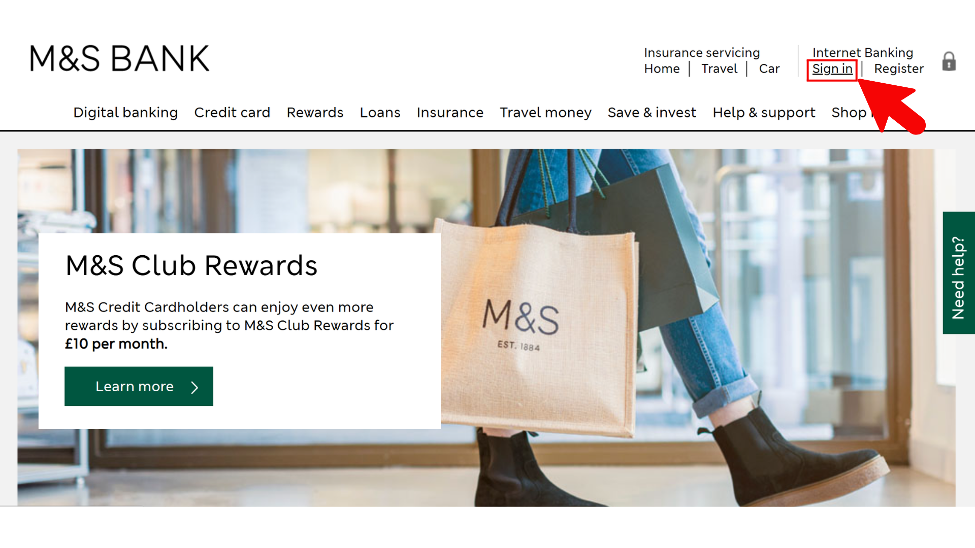bank.marksandspencer.com homepage showing Internet Banking Sign in link