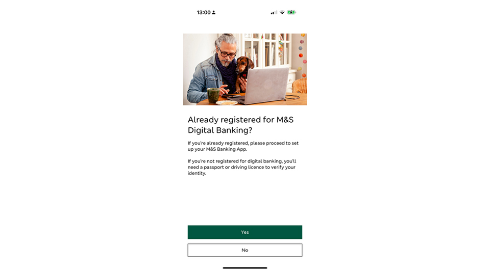 M&S Banking App asking are you already registered for M&S Digital Banking