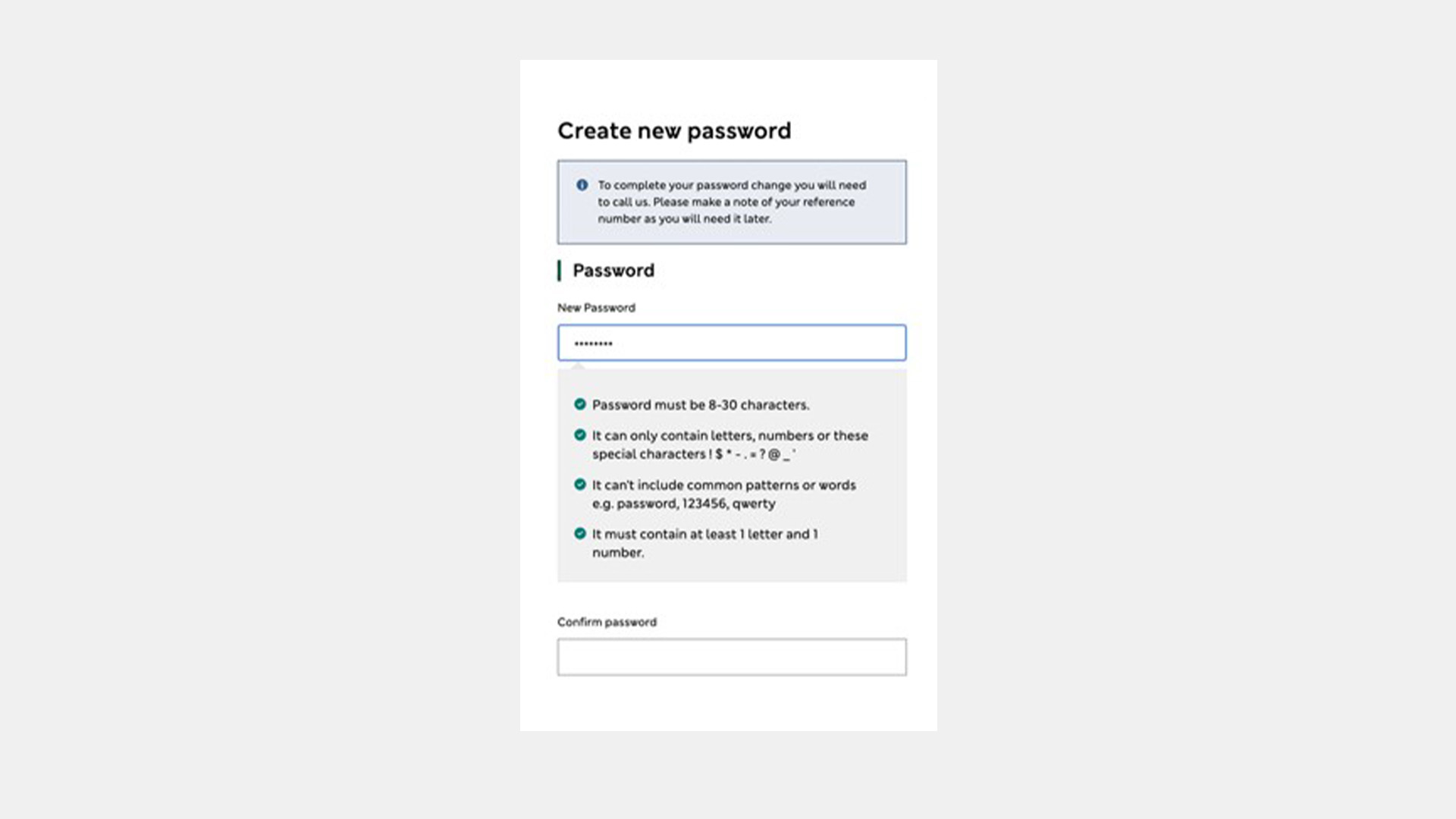 Create new password screen showing ‘Please enter your new password’ box