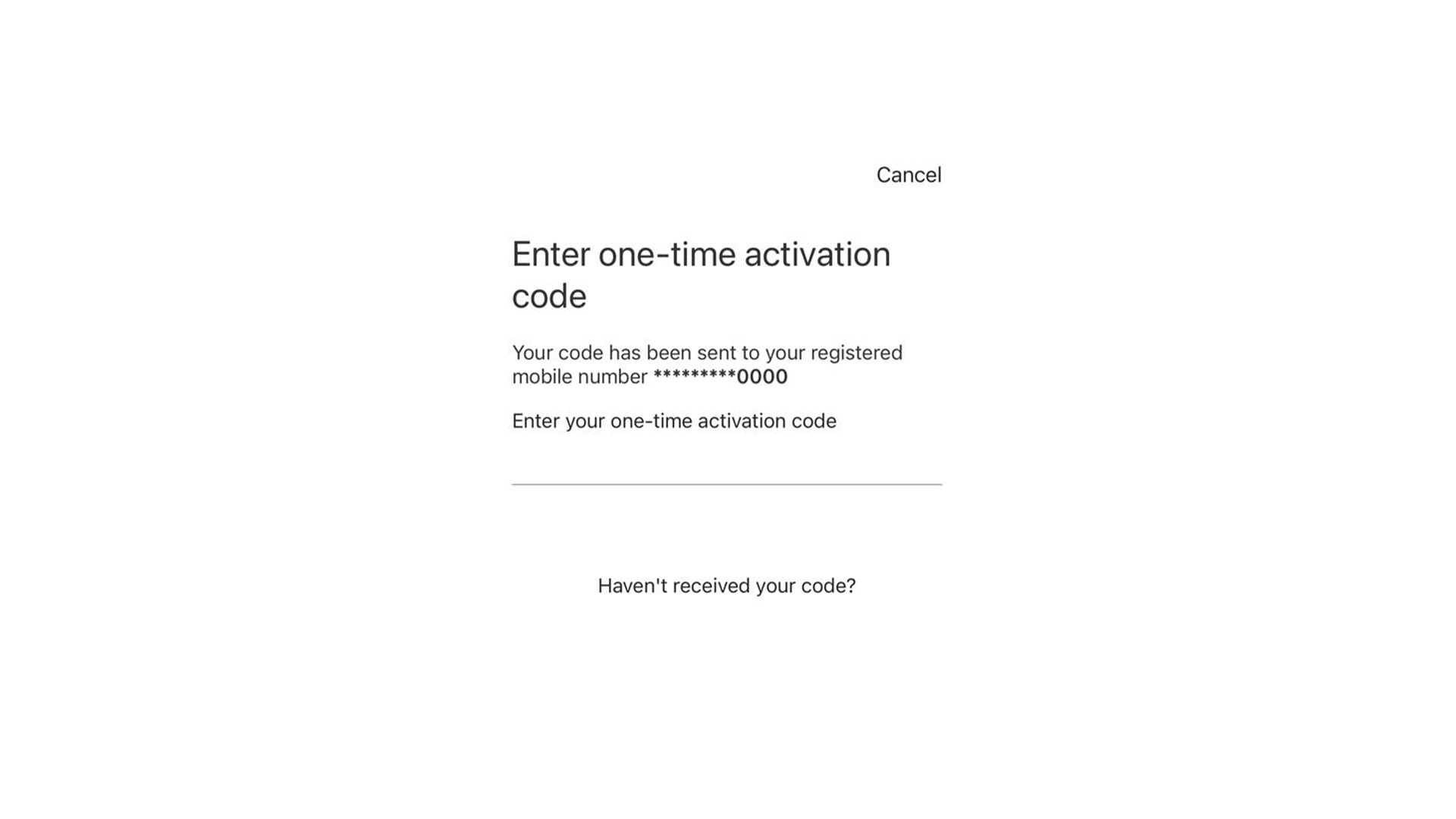 Enter your one-time activation code screen