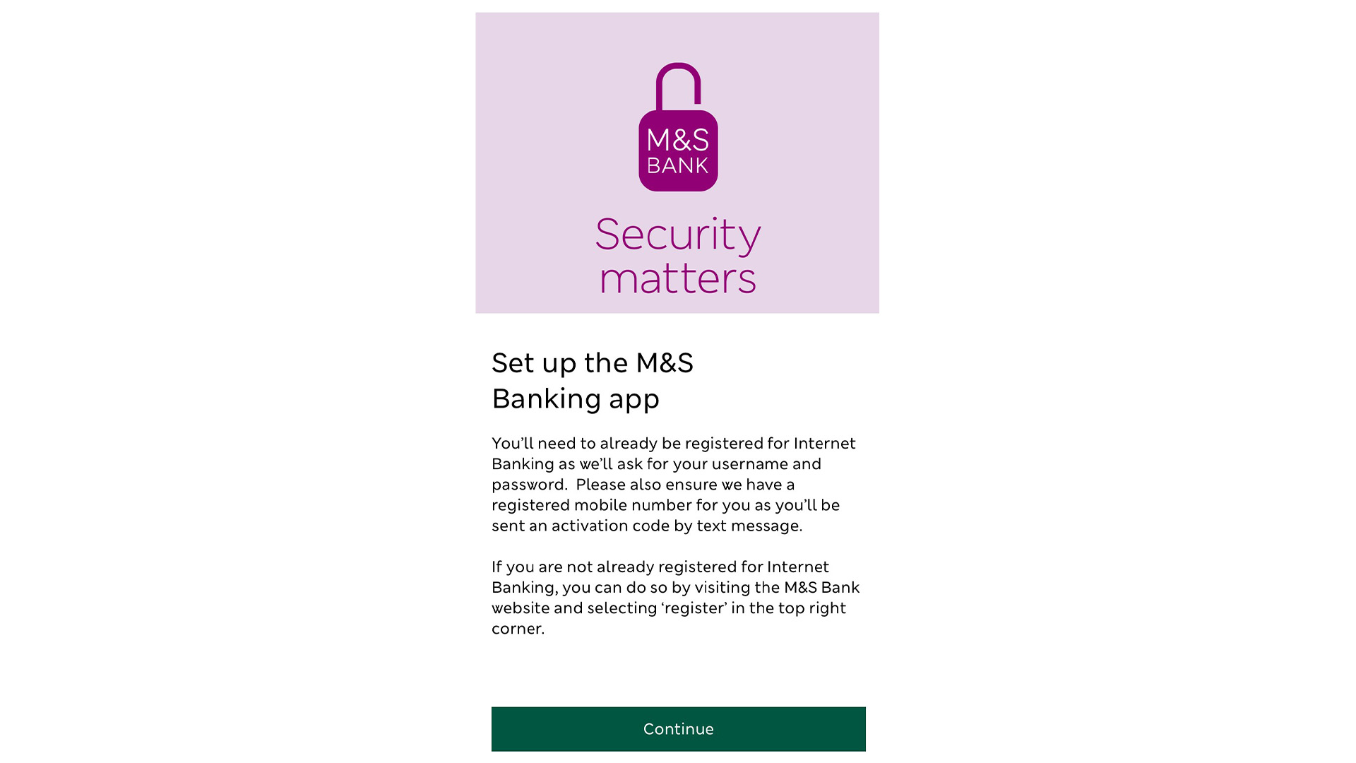 Set up the M&S Banking app’ app screen
