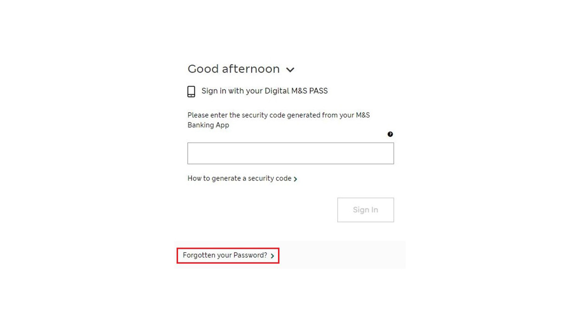 Enter your security code screen showing ‘Forgotten your password’ link