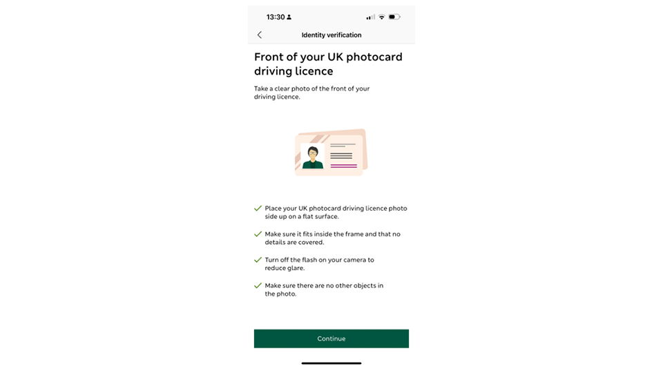 M&S Banking App identity verification instructions front of ID