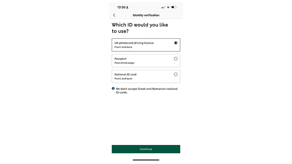 M&S Banking App selecting photo ID 