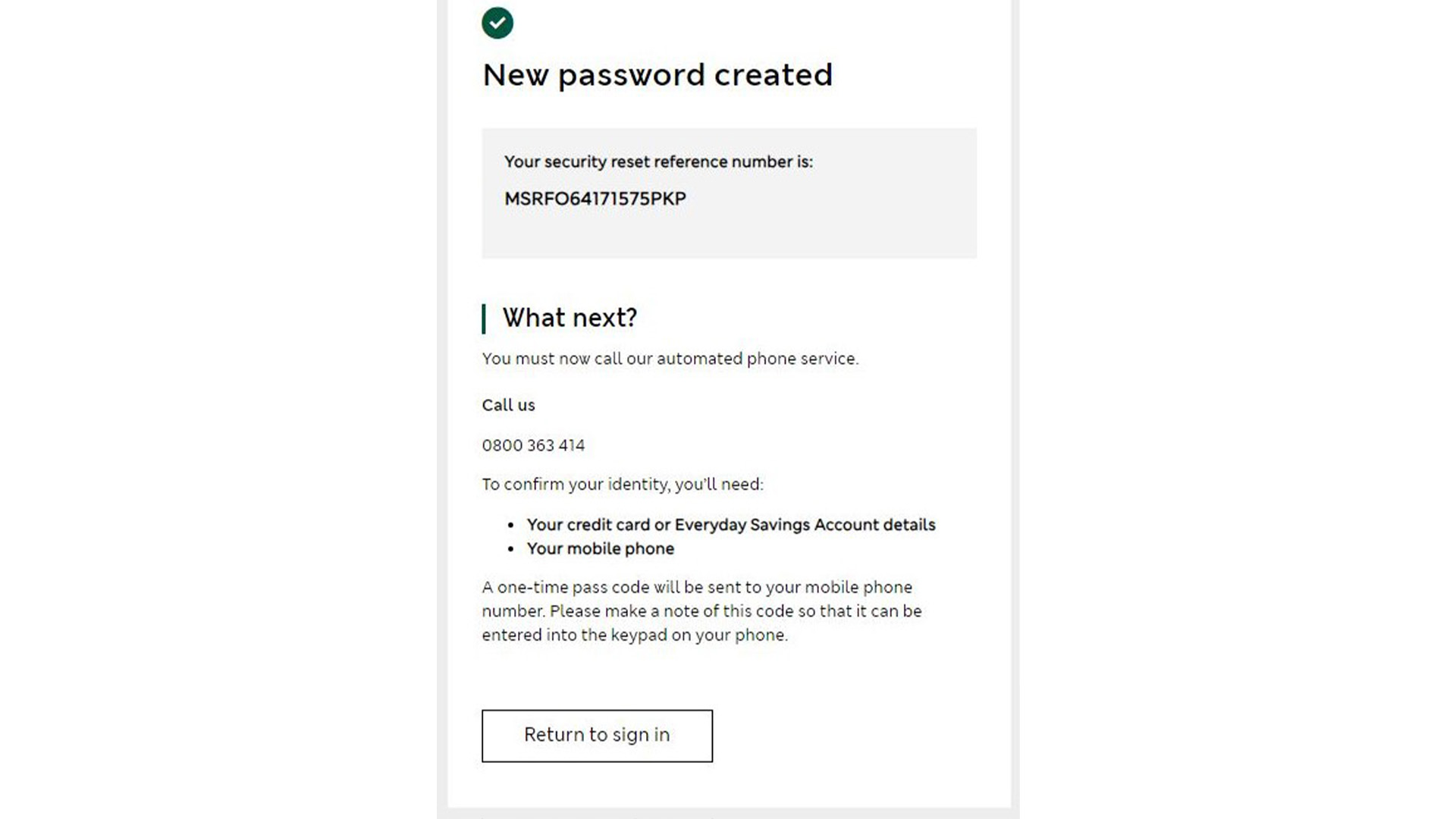New password created screen 