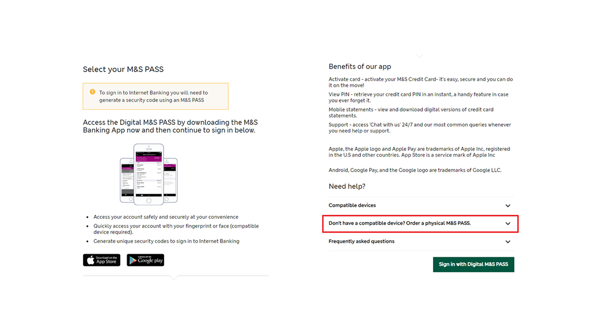 Select your M&S PASS page showing 'Don’t have a compatible device? Order a physical M&S PASS' link
