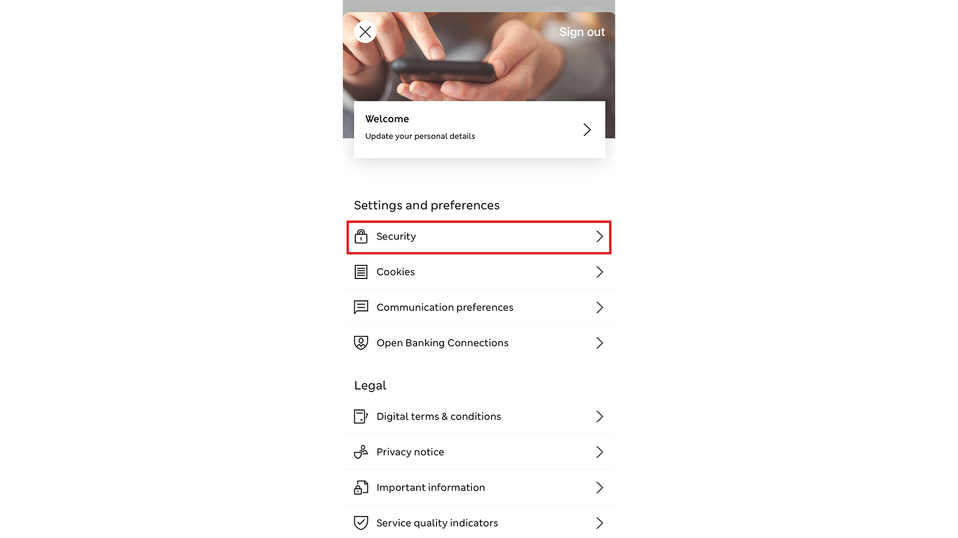 Profile screen in app