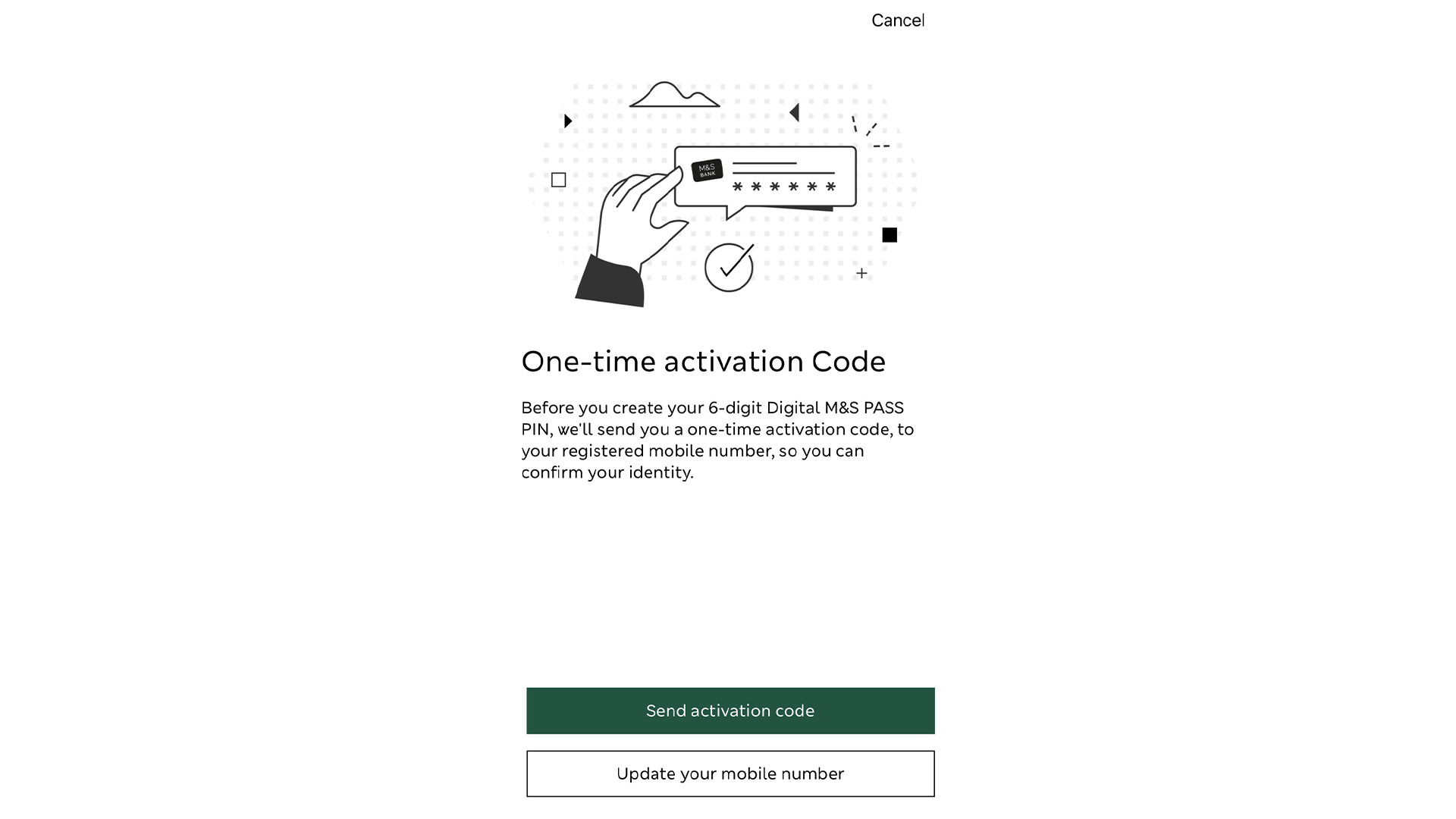One-time activation code screen in the app