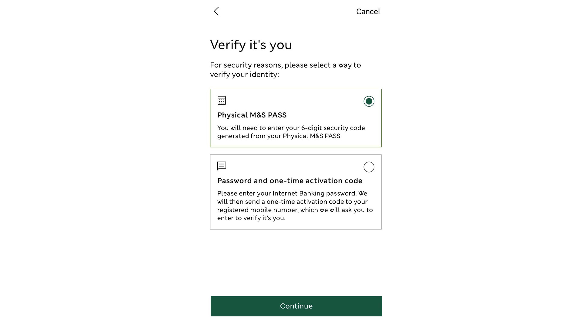 Verify it’s you app screen with radio button on Physical M&S PASS