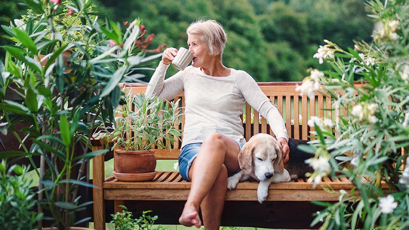 Person sitting on bench with dog