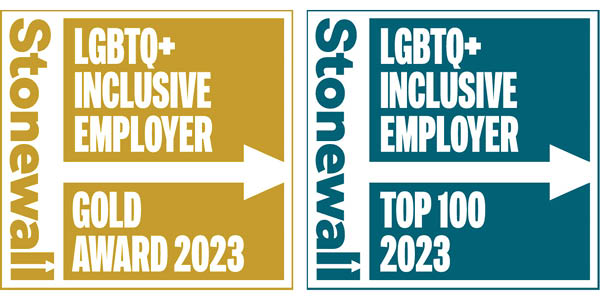 Stonewall Gold award 2023 for being an LGBTQ+ inclusive employer alongside Stonewall award for being a Top100 LGBTQ+ employer in 2023