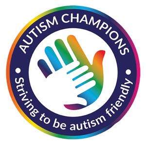 Logo for Autism Champions with statement, striving to be autism friendly.