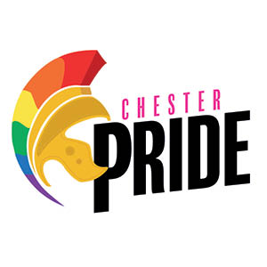 Logo for Chester Pride featuring a centurion's helmet with rainbow plumes