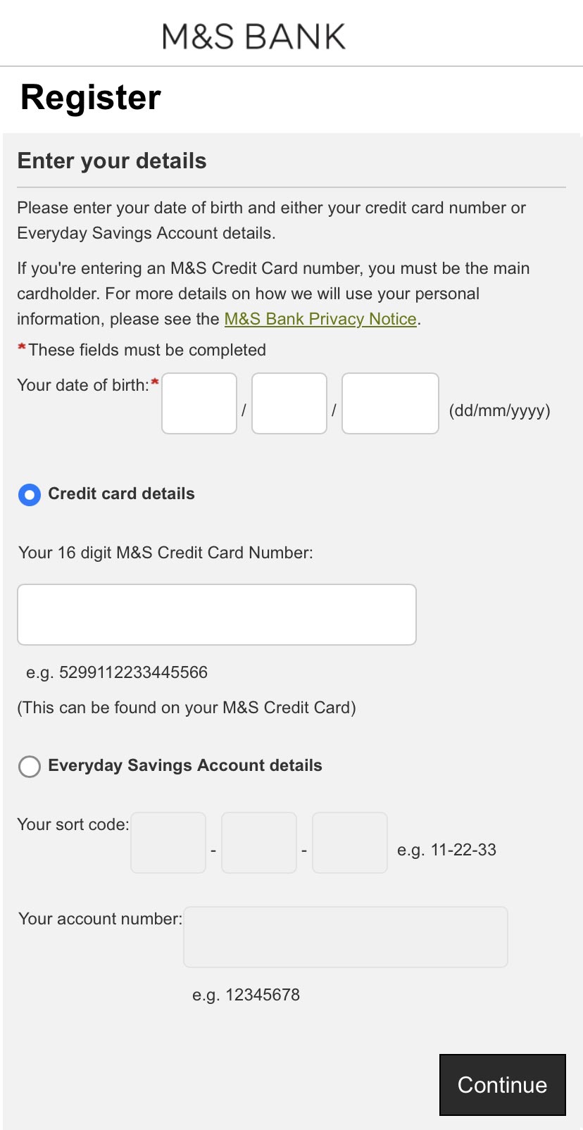 Internet Banking registration account details screen.