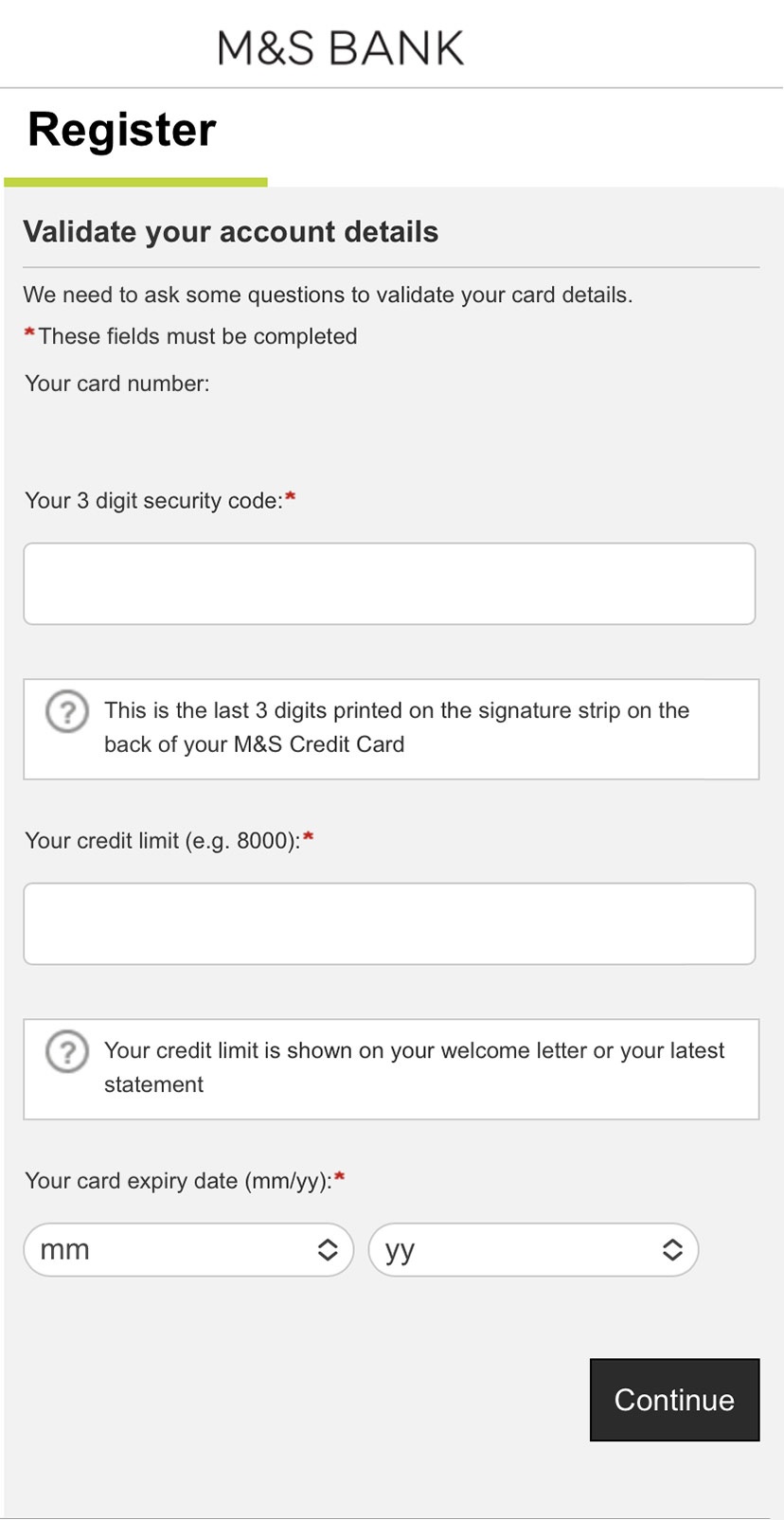 Internet Banking registration validate details screen.