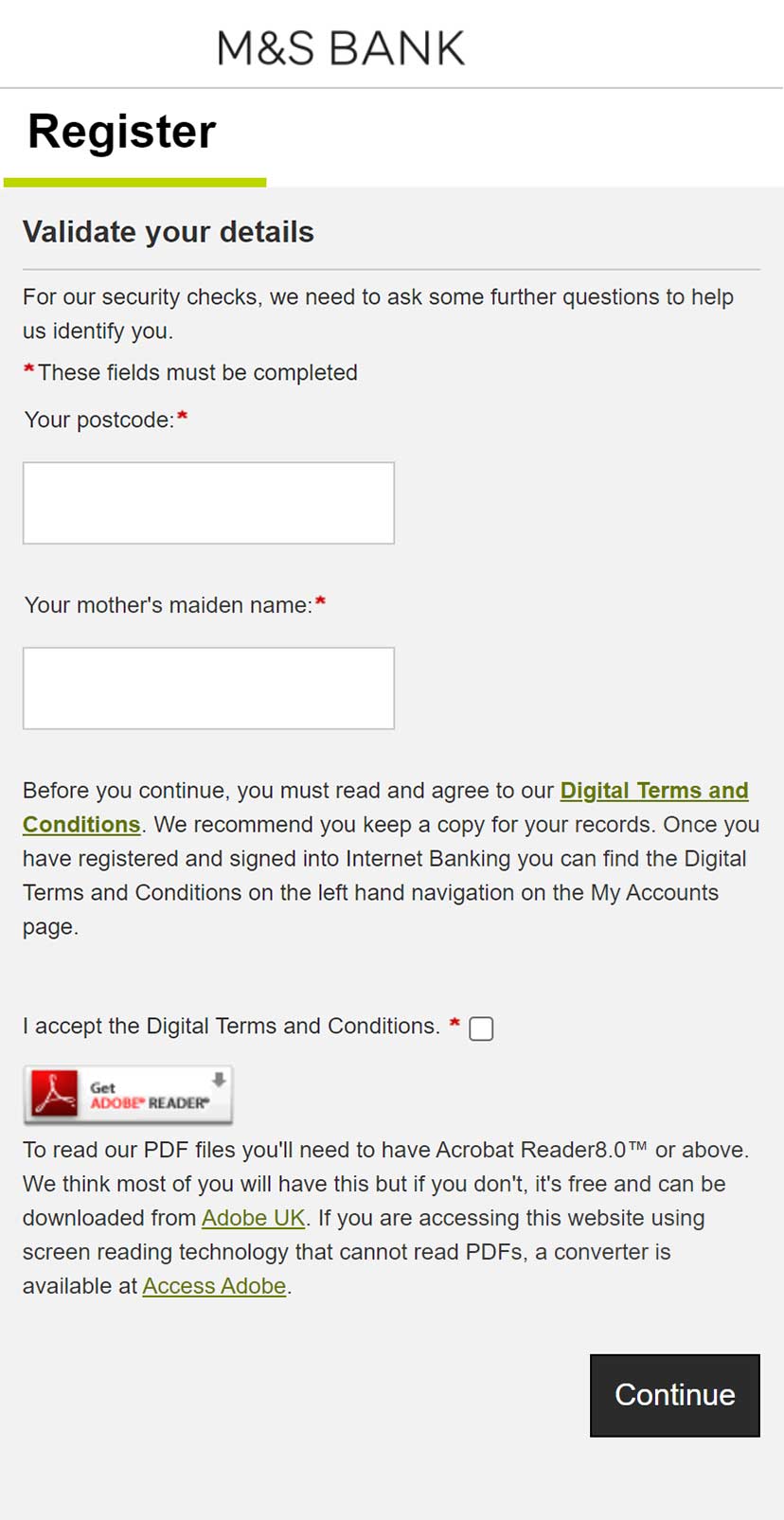 Internet Banking registration validate more details screen.