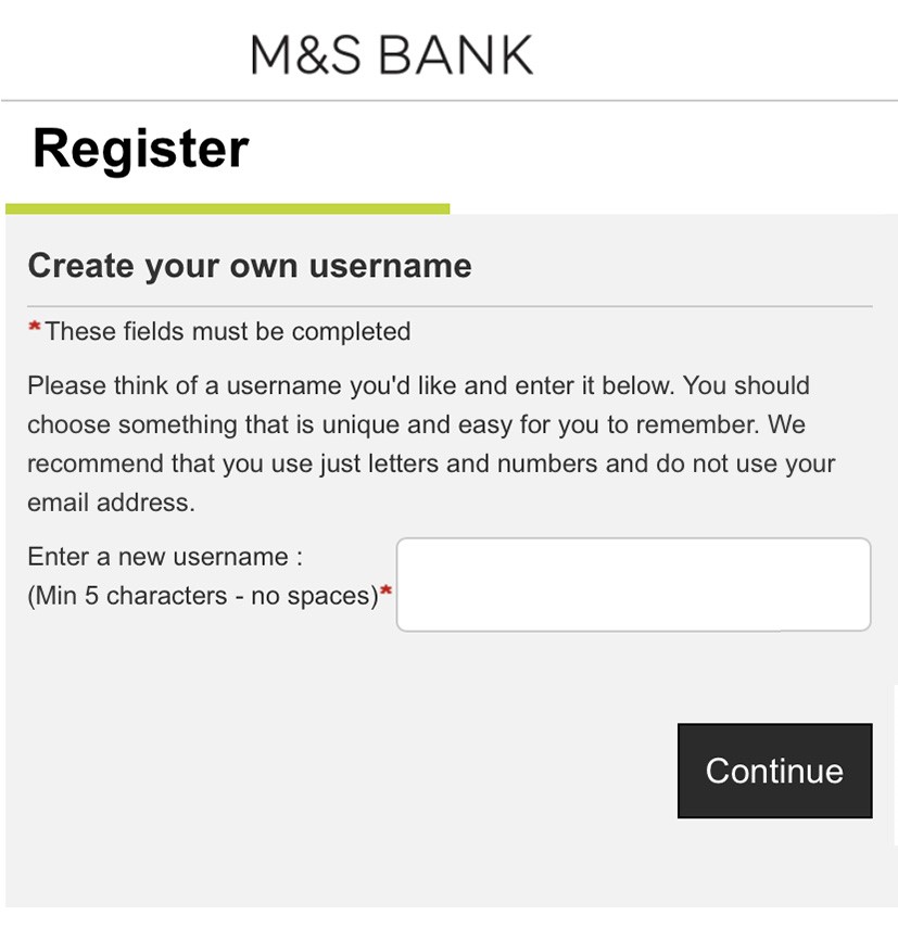 Internet Banking registration create your username screen.