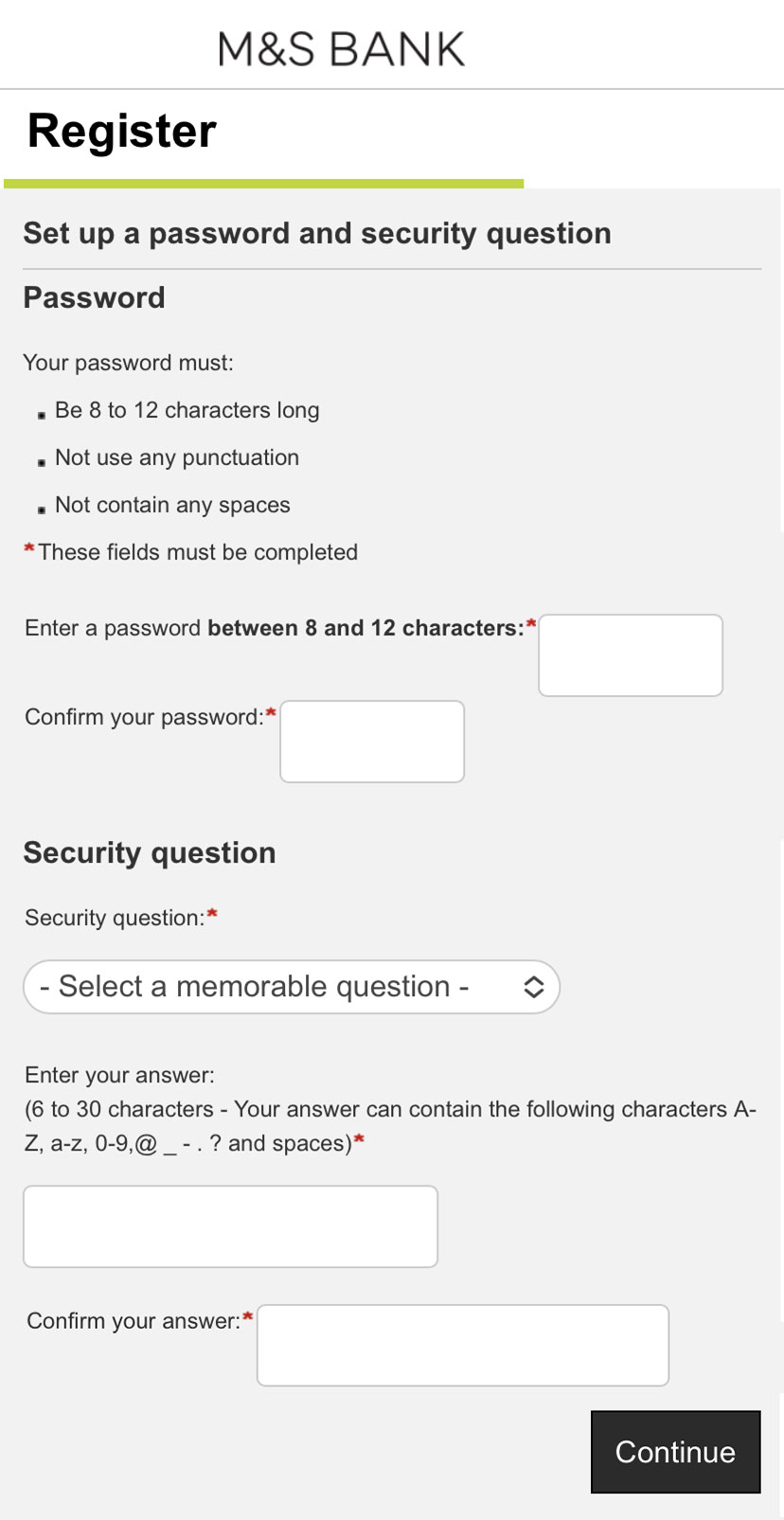Internet Banking registration set up password and security question screen.