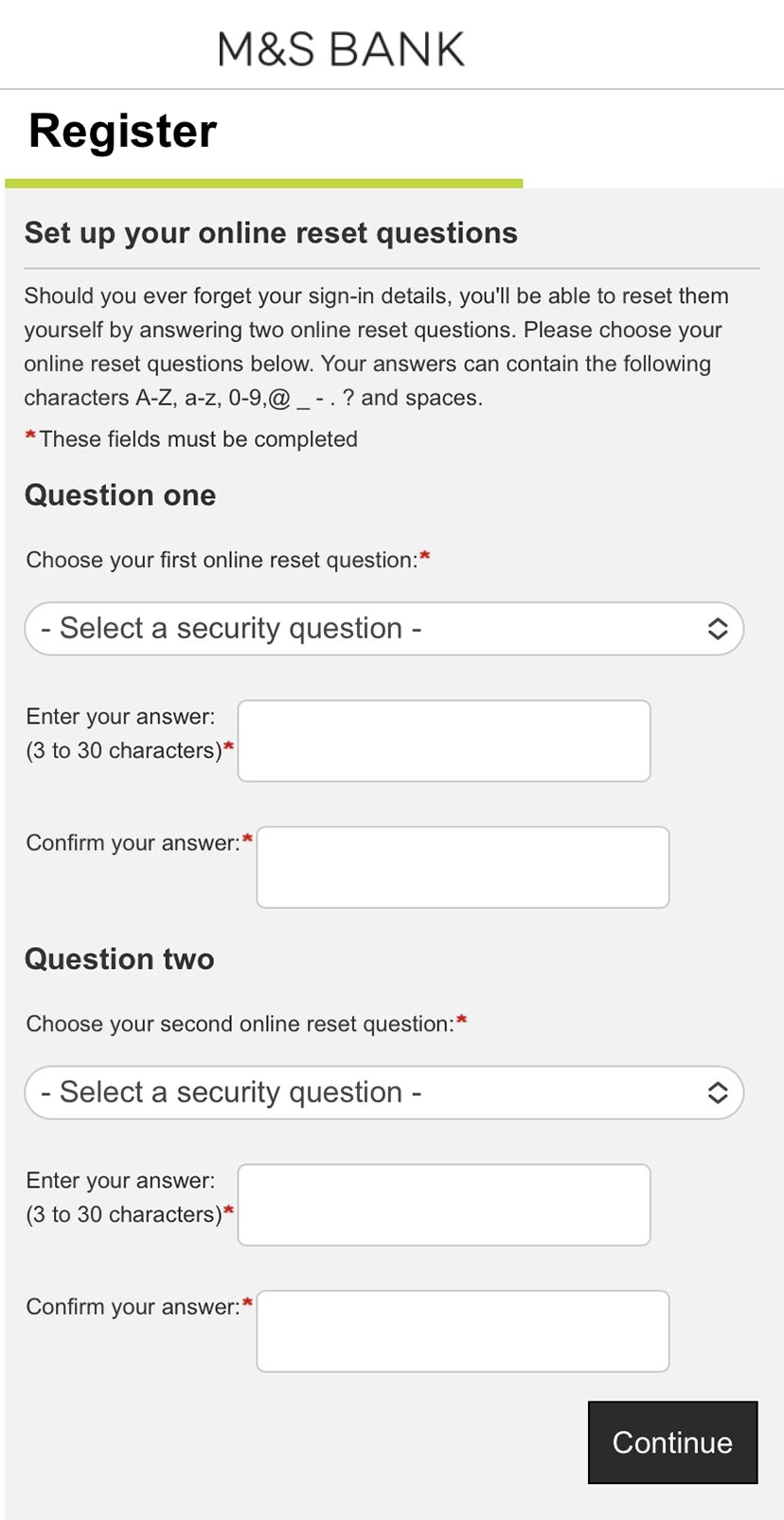 Internet Banking registration set up online reset questions screen.