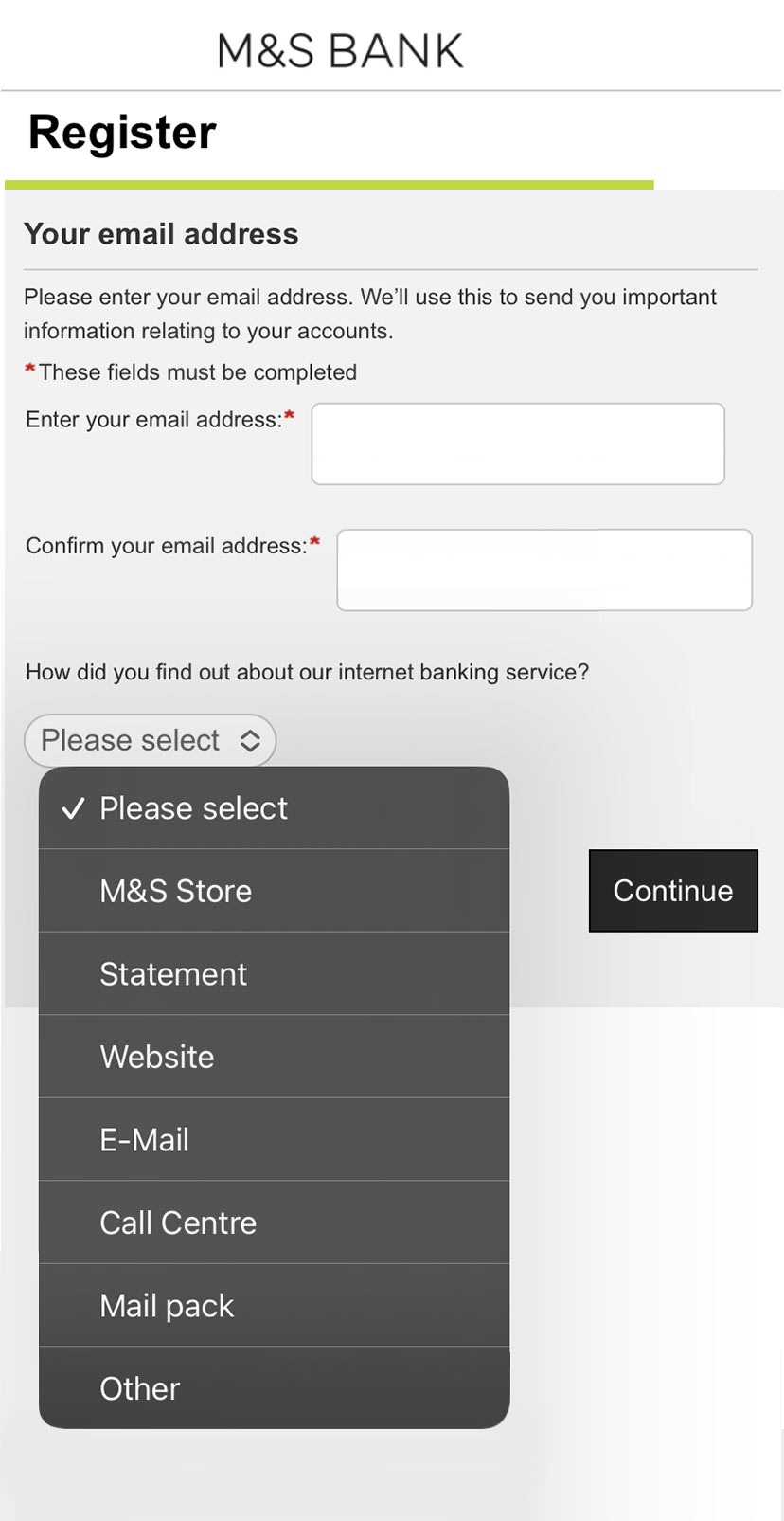 Internet Banking registration email address screen.