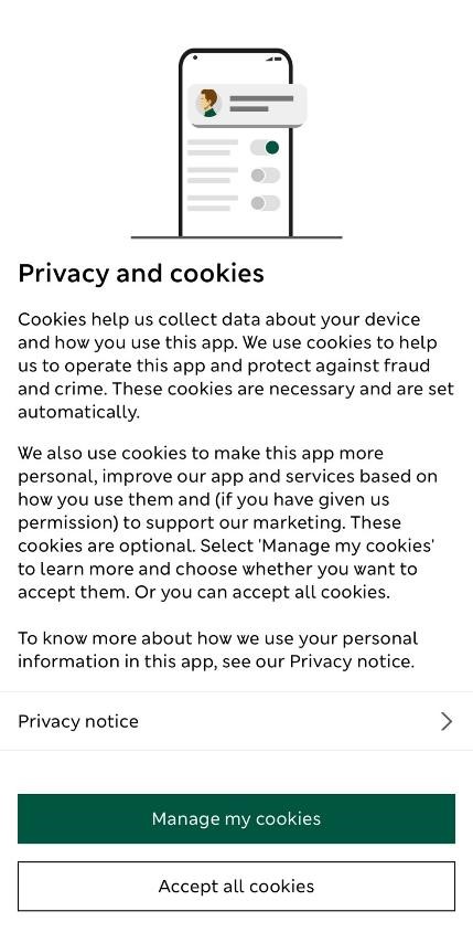 Mobile App Privacy and Cookies screen