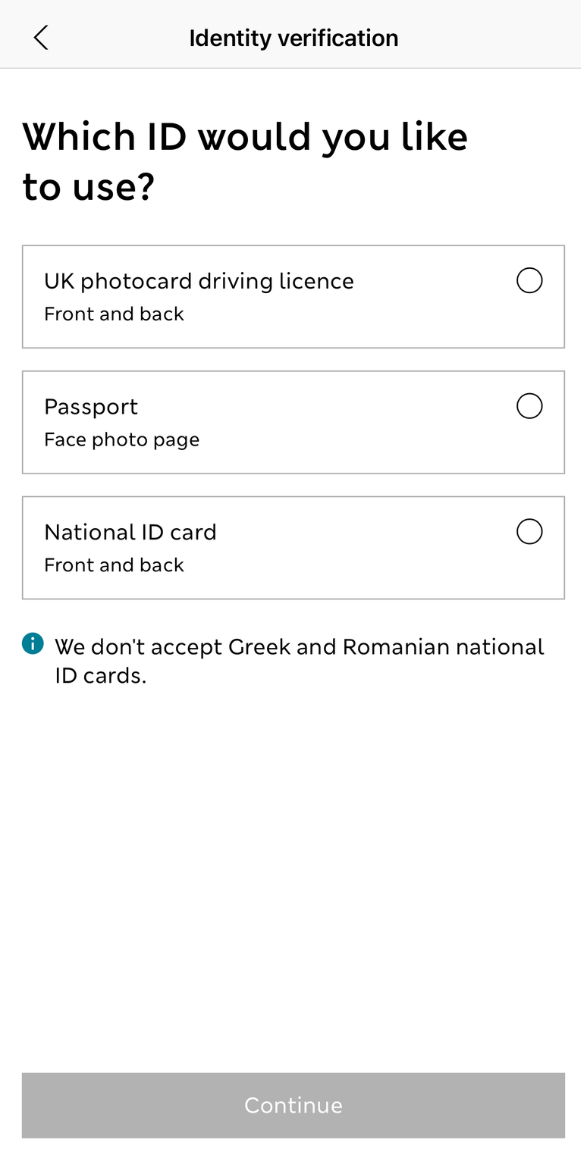 Select photo ID screen from the app
