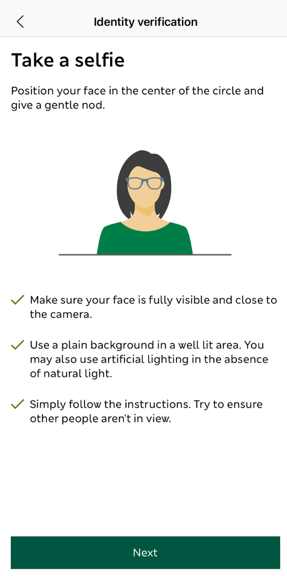 Take a selfie screen from the app